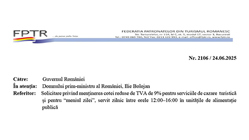 FPTR a solicitat menținerea cotei reduse de TVA pentru serviciile de cazare și meniul zilei